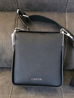 Calvin Klein Black Pebbled Leather Shoulder Bag with Silver Hardware